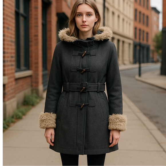 Anthropologie Elevenses Deep Woods Wool Blend Fur Trim Toggle Coat Grey Size 0 - Picture 1 of 16